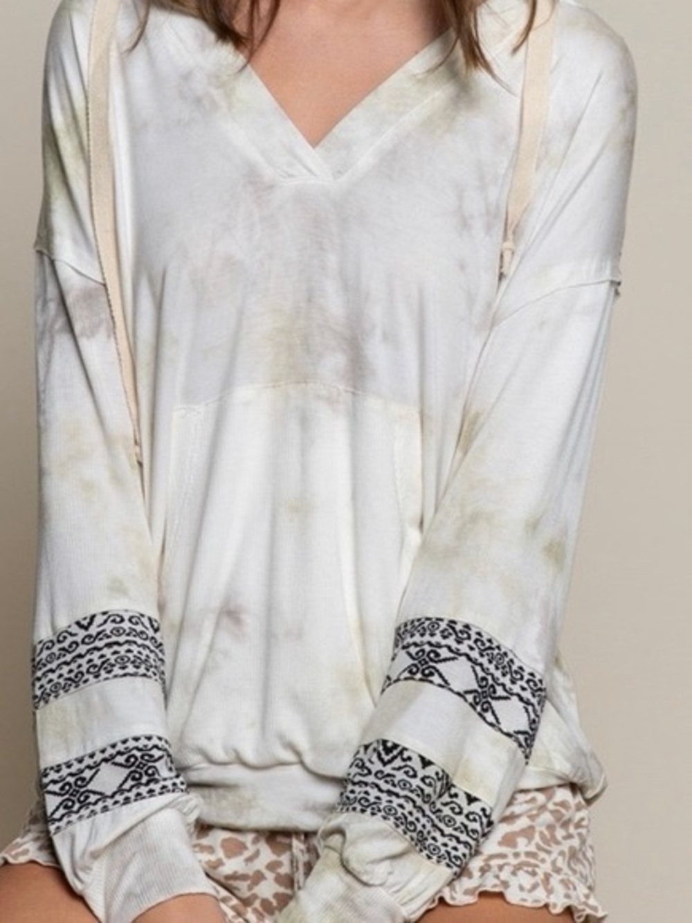 POL Cream Tie-Dye V-Neck Pullover with Black Patterned Cuffs